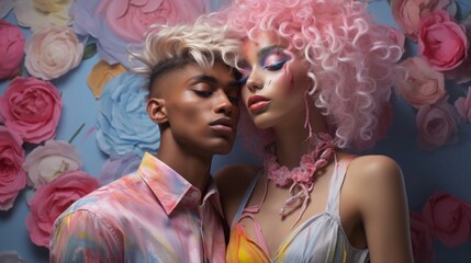 Obraz premium Portrait of non-binary people on a colorful background