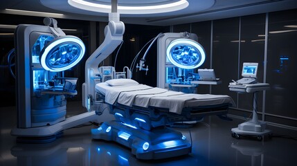 Cutting-edge illustration of a futuristic hospital, where modern medicine is enhanced by AI and advanced processors, showcasing 22nd-century healthcare.