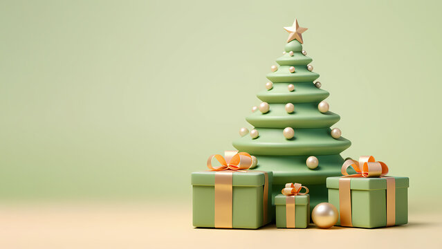 3D render Christmas tree with gift boxes isolated on green background with copy space. Cartoon Xmas and New Year illustration