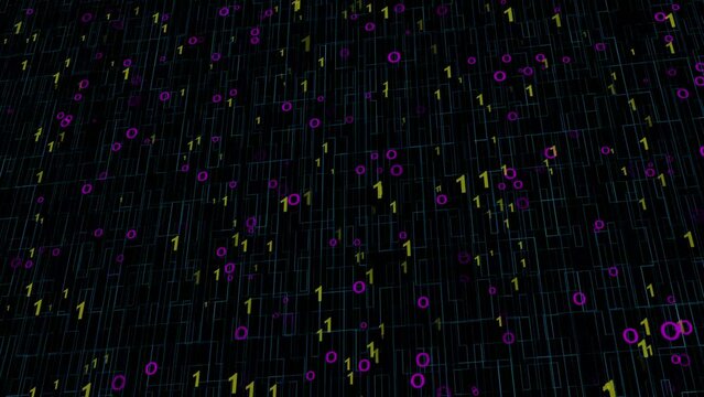 Binary Code Animation Background. Binary code black and blue background with digits moving on screen, Algorithm binary, data code, decryption and encoding, row matrix background.