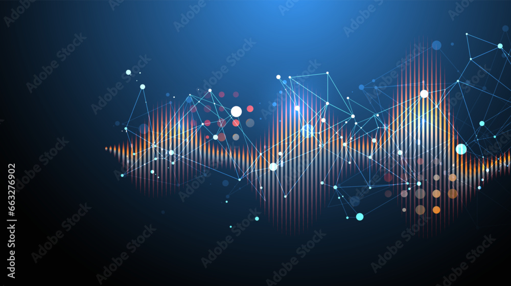 Poster Sound wave with plexus effect. Dynamic vibration wallpaper. Frequency pulse modulation vector illustration.