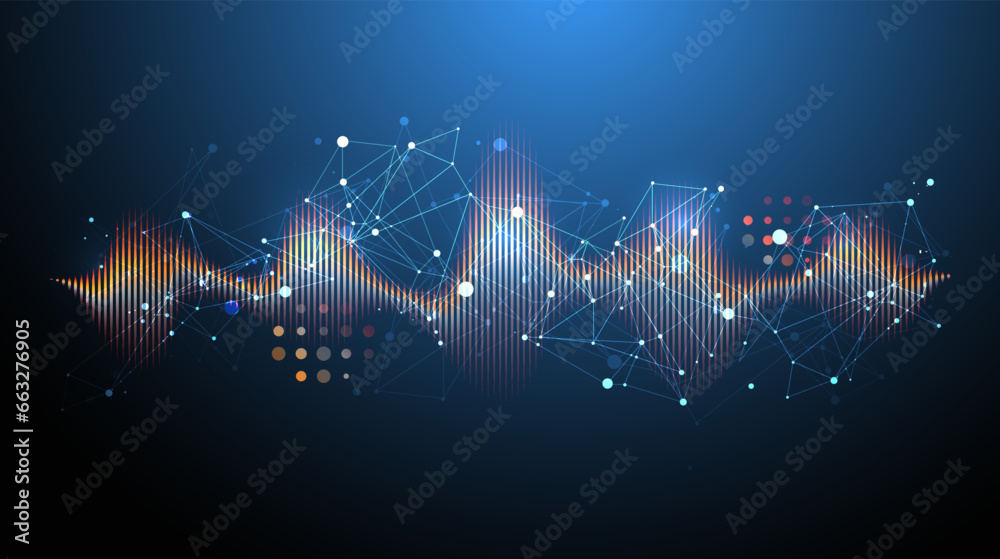 Poster Sound wave with plexus effect. Dynamic vibration wallpaper. Frequency pulse modulation vector illustration.