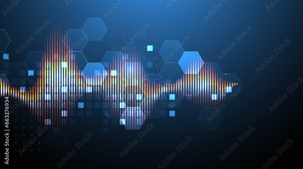 Leinwandbilder Sound wave with glowing hexagones. Dynamic vibration wallpaper. Frequency pulse modulation vector illustration.
