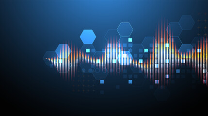 Sound wave with glowing hexagones. Dynamic vibration wallpaper. Frequency pulse modulation vector illustration.