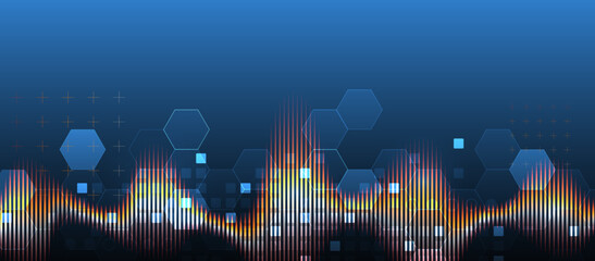 Sound wave with glowing hexagones. Dynamic vibration wallpaper. Frequency pulse modulation vector illustration.