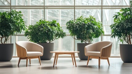 Fototapeta na wymiar Bright, modern and stylish waiting room in green office. Wooden chairs arranged for job interview, appointment or business meeting. Workplace with lush greenery for calming and inviting atmosphere.