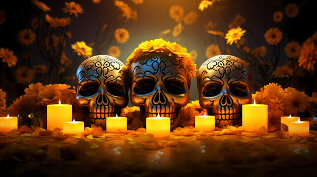 A poignant Día de los Muertos backdrop with ornate sugar skulls nestled among marigold blossoms under the soft glow of candlelight, 3D digital illustration, honoring the Day of the Dead traditition