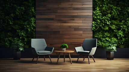 Fototapeta na wymiar Modern, stylish waiting room in green office. Comfortable wooden chairs arranged for job interview, appointment or business meeting. Workplace with lush greenery for calming and inviting atmosphere.