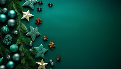 christmas cookies, ginger bread, tree and decorations on green background with empty copy space