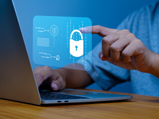 Cybersecurity and concepts security information way business, Businessman confirming secure access to business information on the internet to preserve financial and investment information.