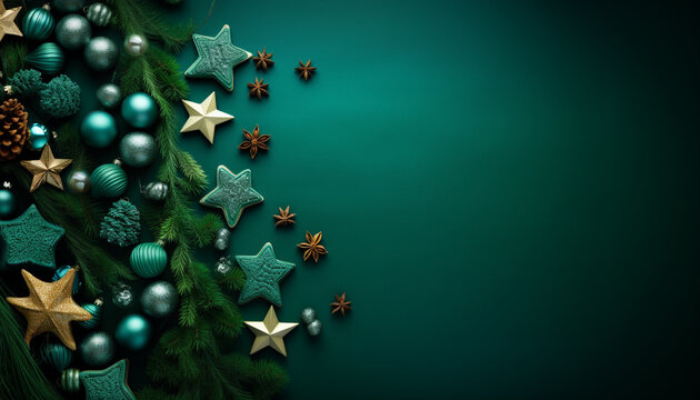 christmas cookies, ginger bread, tree and decorations on green background with empty copy space