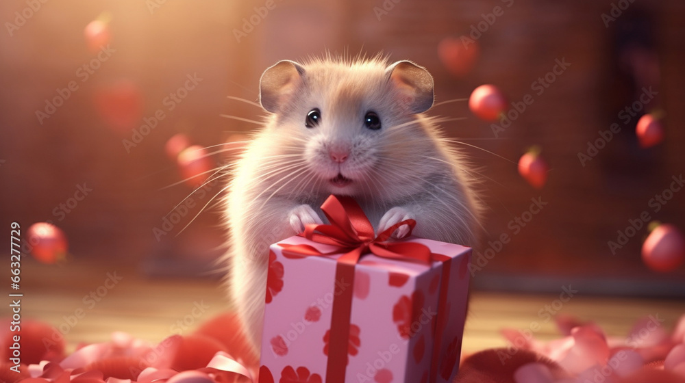 Wall mural cute hamsters in love celebrating valentine's day and opening a gift