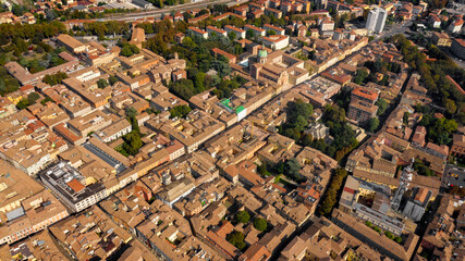 Aerial view of the historic center of Reggio Emilia, Italy. The Old Town develops along the ancient...