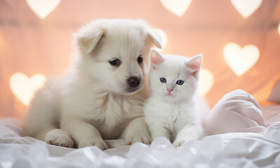 Adorable puppy and kitten lying together in a loving embrace, Valentine's Day concept