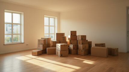 Full of boxes waiting to be unpacked on moving day, Moving house day and real estate concept