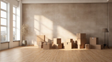 Full of boxes waiting to be unpacked on moving day, Moving house day and real estate concept