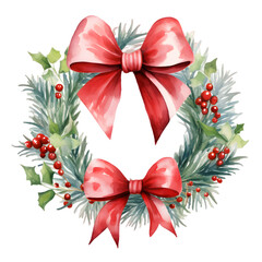 Festive Christmas Wreath with Red Bow, watercolor isolated on transparent background