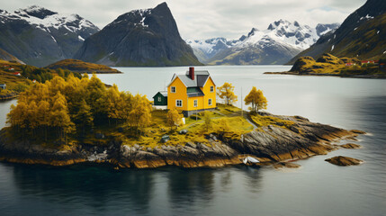 Yellow house fjord island - obrazy, fototapety, plakaty