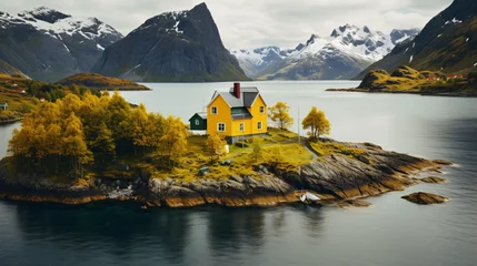 Fotobehang Yellow house fjord island © Little