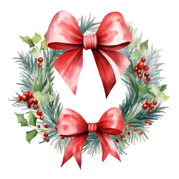 Festive Christmas Wreath With Red Bow, Watercolor Isolated On Transparent Background