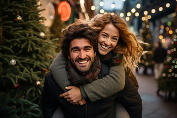 Fototapeta premium happy smiling portrait of a couple wearing warm clothes in Christmas market