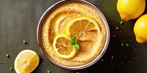 Hummus in a yellow bowl with lemon - obrazy, fototapety, plakaty