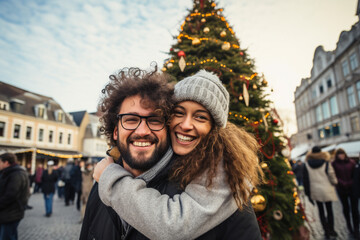 Obraz premium happy smiling portrait of a couple wearing warm clothes in Christmas market
