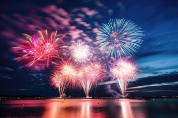 Beautiful And Colorful Skybound Fireworks. Сoncept Tropical Beach Getaway, Mountain Hiking Adventure, Urban Street Art Tour, Romantic Sunset Picnic