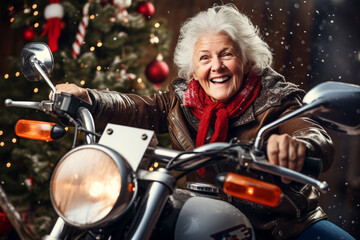 happy smiling old woman on motorcycle in winter forest with Christmas tree