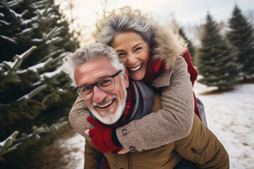 happy smiling portrait of an old couple wearing warm clothes and having fun in winter forest