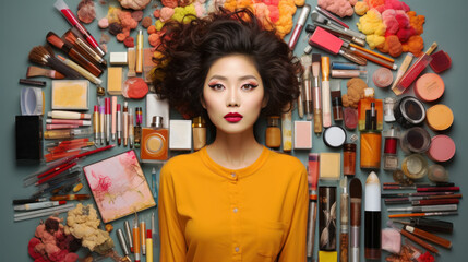 A young Asian woman in her 20s making eye contact with the camera while being surrounded by her collection of makeup products