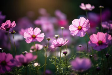 Fototapeta premium Capturing The Beauty Of Wild Purple Cosmos Flowers In Readow, Illuminated By Sunlight And Set Against Dark Green Background, With Soft Focus And Beautiful Bokeh