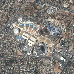 Road, buildings and top view of earth map with nature, travel and residential landscapes. Globe, land and aerial of street with field and houses from aerospace satellite for environment development.