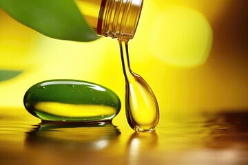 Capturing The Moment Of Drop Of Jojoba Oil Falling Into Bottle Vial, With Closeup Macro Photography Showcasing Green And Yellow Tones In The Background This Concept Represents Cosmeti