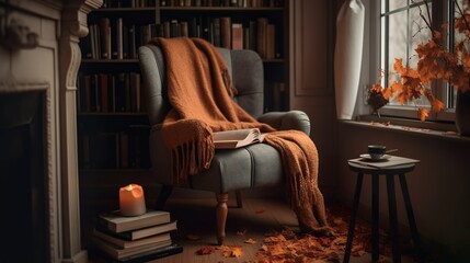 Cozy reading place in the living room with autumn boho decor 