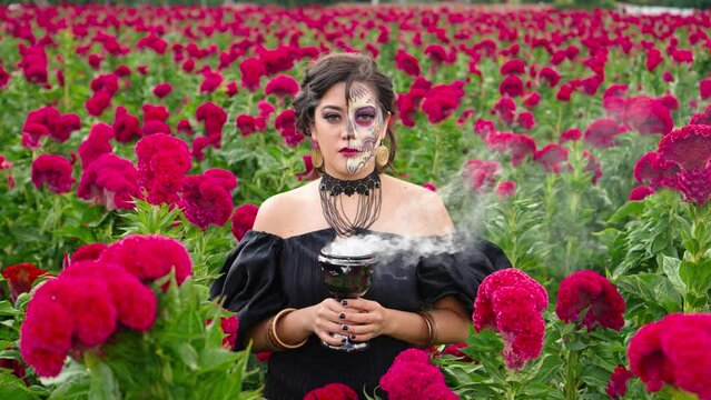 Marigold Dreams: Radiant Mexican Catrina's Incense Ritual in the marigold Camp