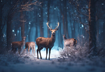 deer - Beautiful 3D illustration of deer in night winter forest