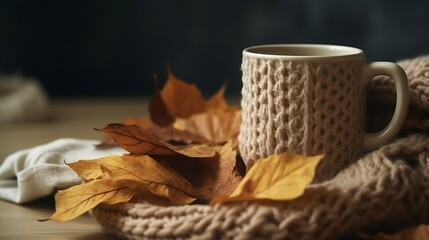 Naklejka na ściany i meble Cozy still life about a cup of coffee in a knitted style mug 