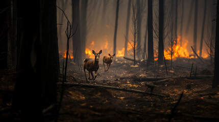 fire in the forest and running animals