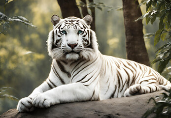 Naklejka premium White Bengal Tiger Portrait, Graceful White Tiger in Natural Habitat, Rare and Stunning White, 