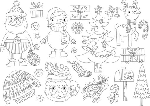 Coloring page Christmas clipart, Santa Claus, snowman, presents, deer, sweater, and socks. Christmas decoration elements and lettering set	