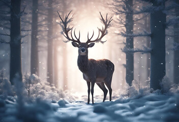 deer - Beautiful 3D illustration of deer in night winter forest