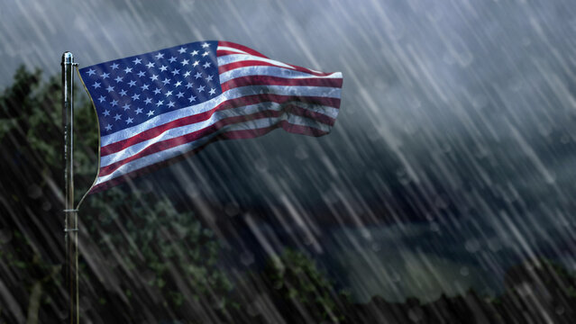 flag of USA with rain and dark clouds, weather forecast symbol - nature 3D rendering