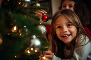 happy smiling girl hanging balls on the christmas tree