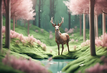 deer - Beautiful 3D illustration of deer in spring forest