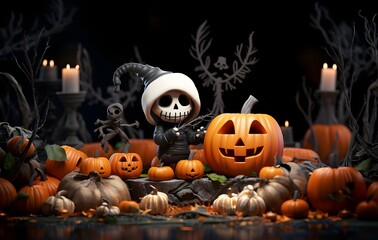halloween creepy cartoon black skeleton, pumpkin, witch and ghost with skeleton with long scyve