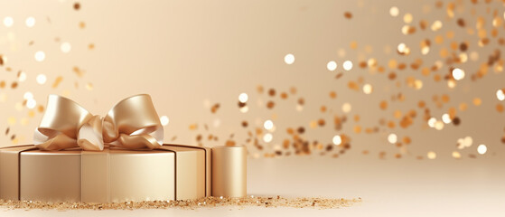 golden gift box with ribbon and bow on beige background with empty copy space
