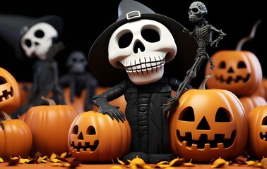 halloween creepy cartoon black skeleton, pumpkin, witch and ghost with skeleton with long scyve