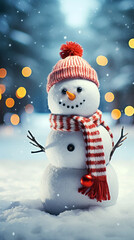 Fototapeta premium Smiling snowman against christmas bokeh lights