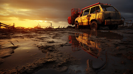 old abandoned rusty truck on a garbage dump